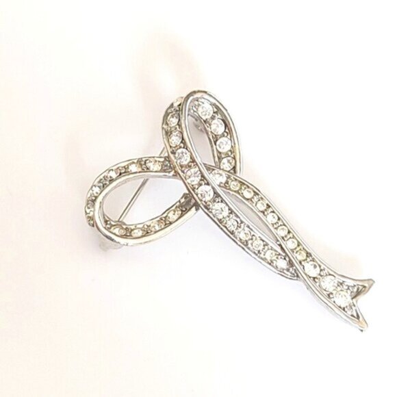 Vintage Retro Rhinestone Crystal Sterling Silver Bow Grandma Coquette Brooch Pin - Picture 6 of 6